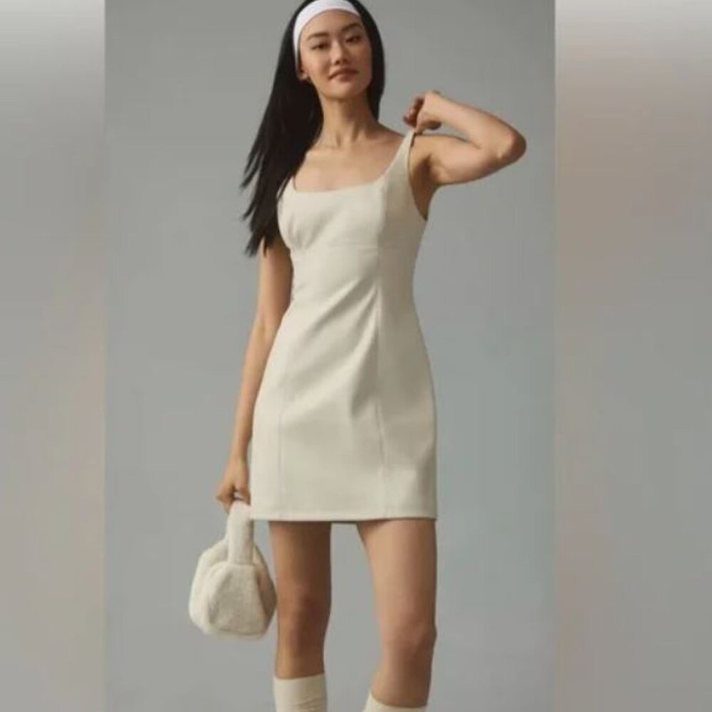 Anthro Maeve Faux Leather Squareneck Mini Dress Cream Size 12